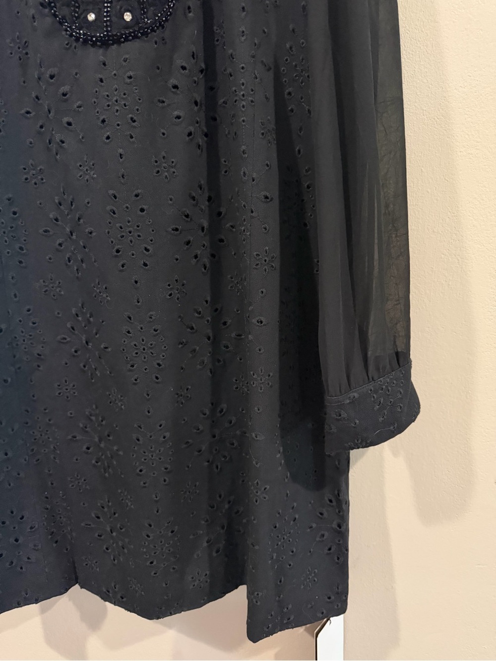NEW with Tags Black Eyelet Embroidered Beaded Long Sleeve Shift Dress - Picture 16 of 16